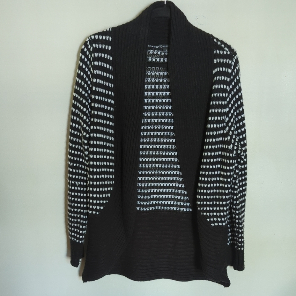 New Directions Heart-Knit Open Front Cardigan Black + White Women's Size L
